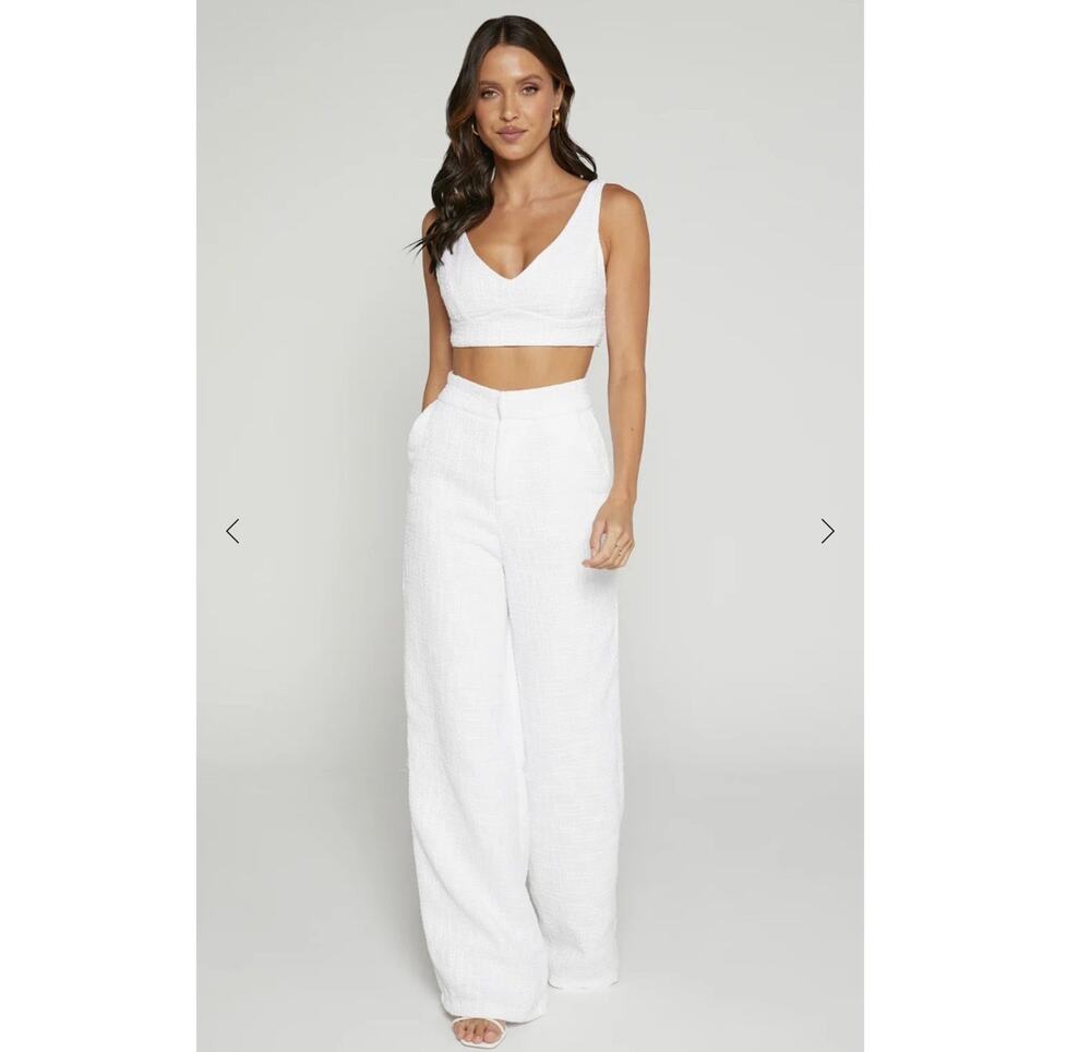 Showpo Adelaide Tweed Set US Size 4 White Crop Top Wide Leg Pants 2 Pc Tailored